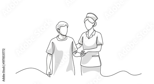 Continuous one line drawing of a nurse supporting a patient, medical healthcare professional helping a man walk in hospital or clinic.