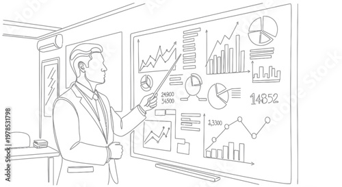 Professional Businessman Giving Presentation and Analyzing Financial Data on Whiteboard with Charts and Graphs, Continuous One Line Art Style Vector Illustration