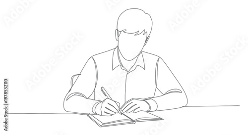 Continuous line drawing of a man sitting at a desk writing in a notebook, minimalist vector illustration of a businessman or student working and taking notes