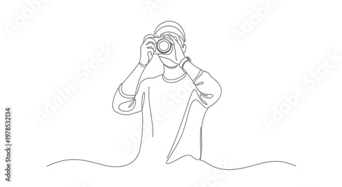 One Continuous Line Drawing of a Man Taking a Photo with a Digital Camera, Professional Photographer Minimalist Illustration