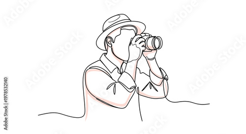 Continuous One Line Drawing of a Male Photographer Wearing a Hat Taking a Photo with Digital Camera, Minimalist Vector Illustration of Hobby and Travel