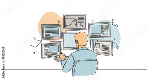 Continuous Line Drawing of a Professional Tech Expert or Data Analyst Working at a Desk with Multiple Screens and Digital Dashboards