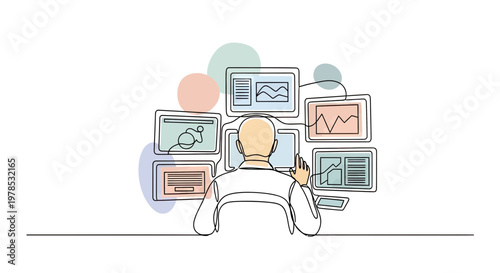Financial Data Analyst Monitoring Multiple Screens with Charts and Graphs, Continuous Line Art Illustration