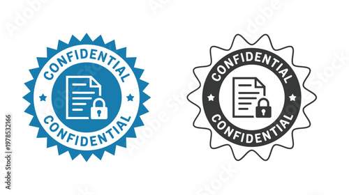 Two confidential seal icons one in blue and another in monochrome black