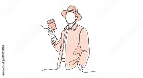 Minimalist continuous line drawing of a male traveler holding a passport and wearing a hat for a journey