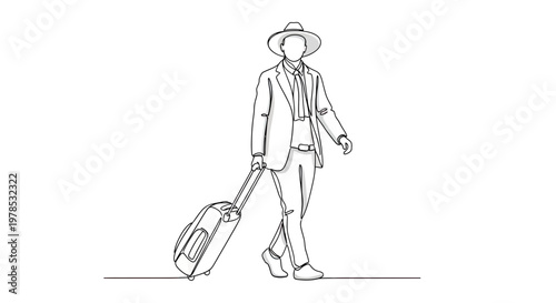 Continuous Line Drawing of a Businessman Wearing a Hat and Walking with a Suitcase, Minimalist Travel Concept Vector Illustration
