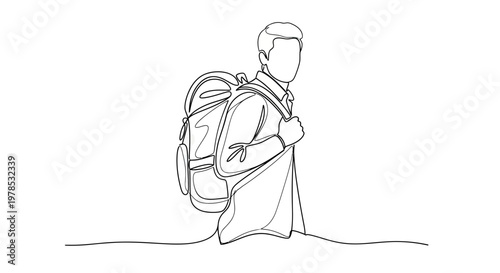 Continuous One Line Drawing of a Young Man with a Backpack Going on a Trip or Hiking Adventure