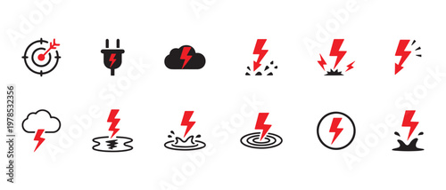 Quadro em tela Lightning and Power Icon Set Energy, Warning, and Impact Vector Symbols in Red a