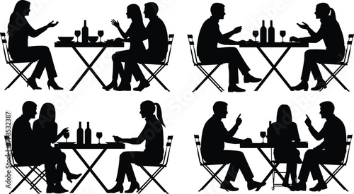 Restaurant And Bar Silhouette Set Featuring People Dining At Tables With Waitstaff Serving Food And Wine While Men Sit On Stools