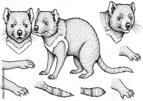 Detailed black and white illustration of a Tasmanian devil, including anatomical views of its head, paws, and tail
