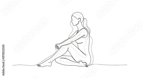 Minimalist Single Line Art Drawing of a Woman Sitting in a Relaxed Pose, One Line Female Silhouette Vector Illustration