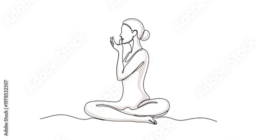 Continuous line drawing of a woman practicing yoga and meditation in lotus pose for wellness and mindfulness