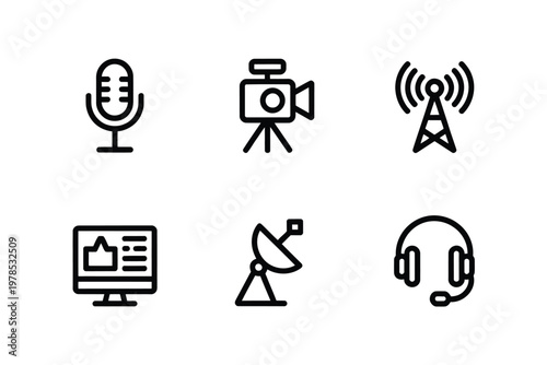A collection of black and white line icons representing various media and broadcasting technologies