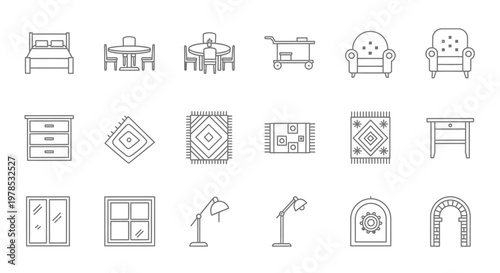 A collection of simple linear furniture and home decor icons arranged in a grid pattern