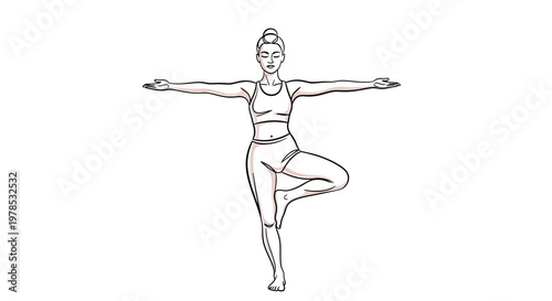 Yoga Woman Line Art Vector Illustration, Young Female Character Practicing Vrksasana Tree Pose for Mindfulness Balance and Health