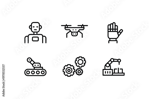 Line art icons depict various robotic technologies and automation concepts in a simple style
