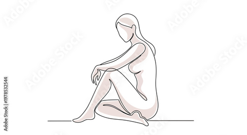 Minimalist Continuous One Line Drawing of a Nude Woman Sitting in a Reflective Pose, Elegant Female Silhouette Vector Art for Wellness and Beauty