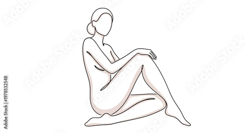Minimalist Continuous Line Drawing of a Sitting Naked Woman, Aesthetic Female Body Art Illustration