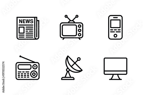 Various media devices are depicted in a simple black and white line art illustration