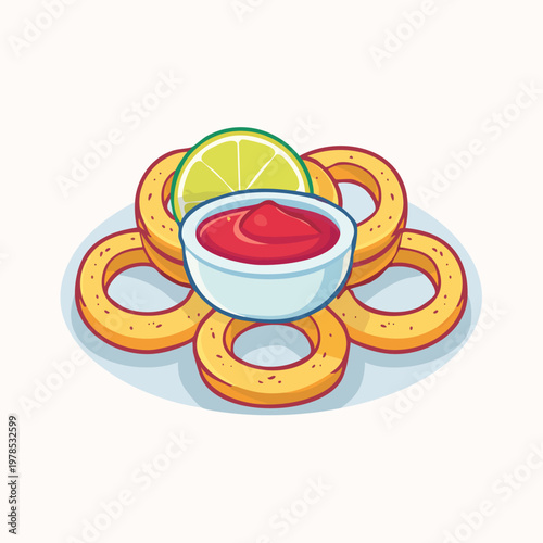 An illustration of crispy fried rings served with a bowl of red dipping sauce and a fresh lime wedge.