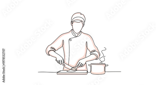 Continuous line drawing of a professional male chef cooking and chopping ingredients on a wooden board next to a steaming pot