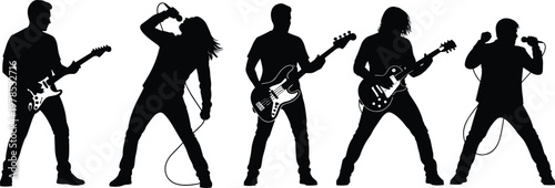 Rock Band Silhouettes Vector Set, Musicians Playing Guitar and Bass, Lead Singers Performing on Stage, Music Concert Icons, Entertainment Graphic Outlines