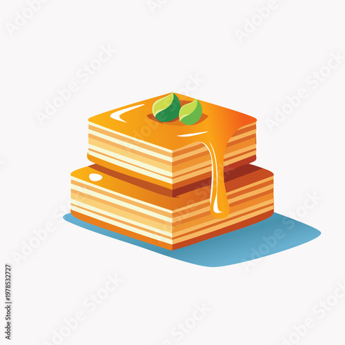 Illustration of two stacked square pastries with dripping honey and green leaves on a white background.