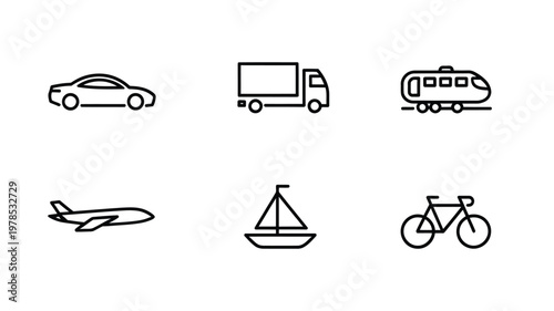 Simple line icons depicting various modes of transportation cars trucks planes and boats