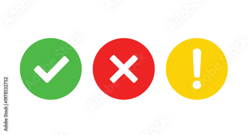Three colorful circular icons representing check cancel and warning states arranged horizontally