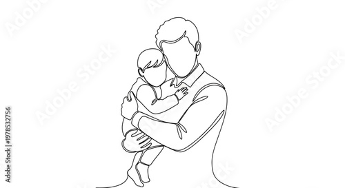 Continuous one line drawing of a father holding and hugging his baby child, minimalist paternal love and family concept vector illustration