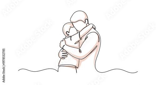 Minimalist continuous line art illustration of a father hugging his son, representing family love and fatherhood bonding