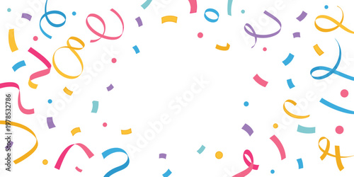 Colorful confetti and streamers scattered across a stark white background creating a festive vibe