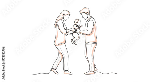 Continuous line drawing of a happy family with father and mother holding their baby, minimalist one line art illustration of young parents and child