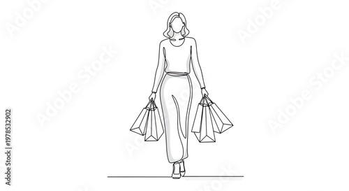Continuous line drawing of a stylish woman carrying multiple shopping bags after a successful retail session