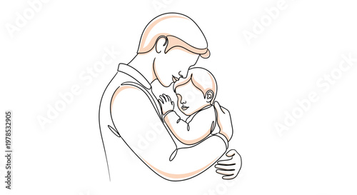 Continuous Line Drawing of Father Hugging Baby, Minimalist Vector Illustration of Fatherhood and Love
