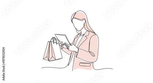 Continuous Line Drawing of a Young Woman Using a Digital Tablet and Holding Shopping Bags, Minimalist Vector Illustration of E-commerce and Online Retail Concept