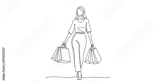 Continuous Line Drawing of a Fashionable Woman Walking and Carrying Several Shopping Bags, Minimalist Vector Illustration of a Female Character in Retail Therapy