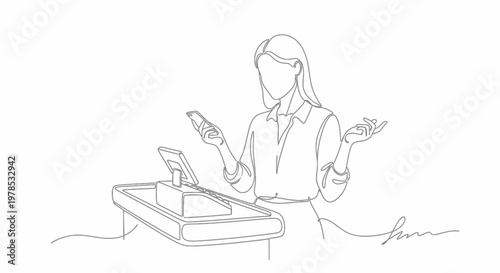 Continuous line drawing of a woman using a smartphone for contactless mobile payment at a retail checkout counter. Minimalist vector illustration of digital wallet transaction in store.