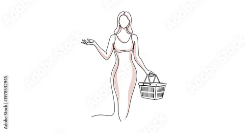 Minimalist continuous line drawing of an elegant woman carrying a shopping basket and gesturing for product presentation