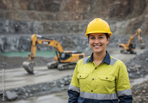 Smiling female construction worker in hard hat and safety vest standing in front of excavators at mining site