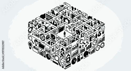 black and white cube made of gears and mechanisms