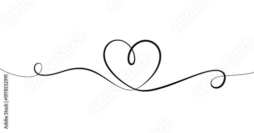 Elegant black line drawing featuring a stylized heart shape with swirling flourishes
