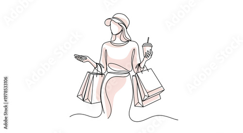 Minimalist Continuous Line Drawing of a Fashionable Woman Holding Shopping Bags, a Takeaway Coffee Cup, and a Smartphone for Retail and Lifestyle Concept