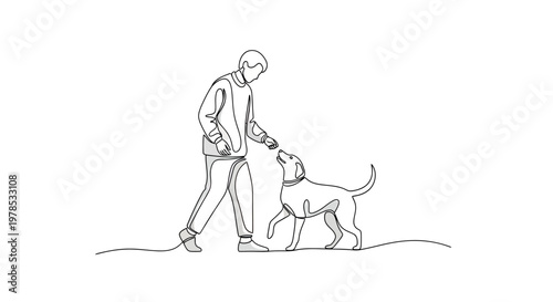 Continuous One Line Drawing of a Man Training and Walking His Loyal Dog, Minimalist Animal and Human Friendship Vector Illustration