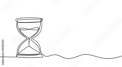 A continuous line drawing depicts a classic hourglass representing the passage of time