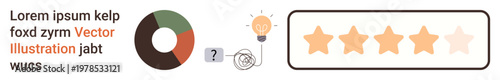 Business strategy, data analysis, customer feedback, creativity, innovation, evaluation. Pie chart, light bulb question mark and rating stars. Data analysis and evaluation concept