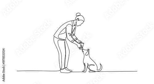 Continuous Line Drawing of a Woman Feeding Her Pet Dog, Minimalist Vector Illustration of Pet Care and Bond between Owner and Animal
