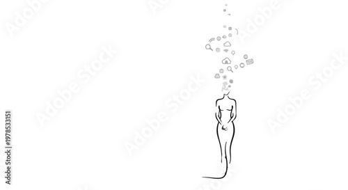 woman with thoughts and ideas floating above her head