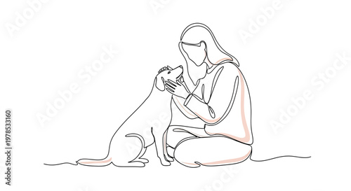 Minimalist One Line Drawing of a Young Woman Sitting and Petting Her Dog, Continuous Line Art Illustration of Human and Pet Friendship