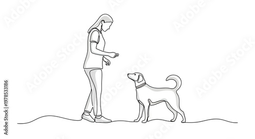 Continuous Line Drawing of a Woman Training Her Loyal Labrador Dog, Minimalist Pet Owner Illustration